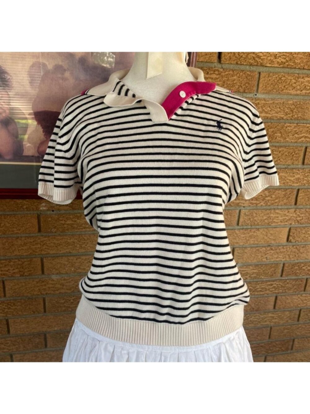 Vintage Ralph Lauren black & white striped knit top with pink collar